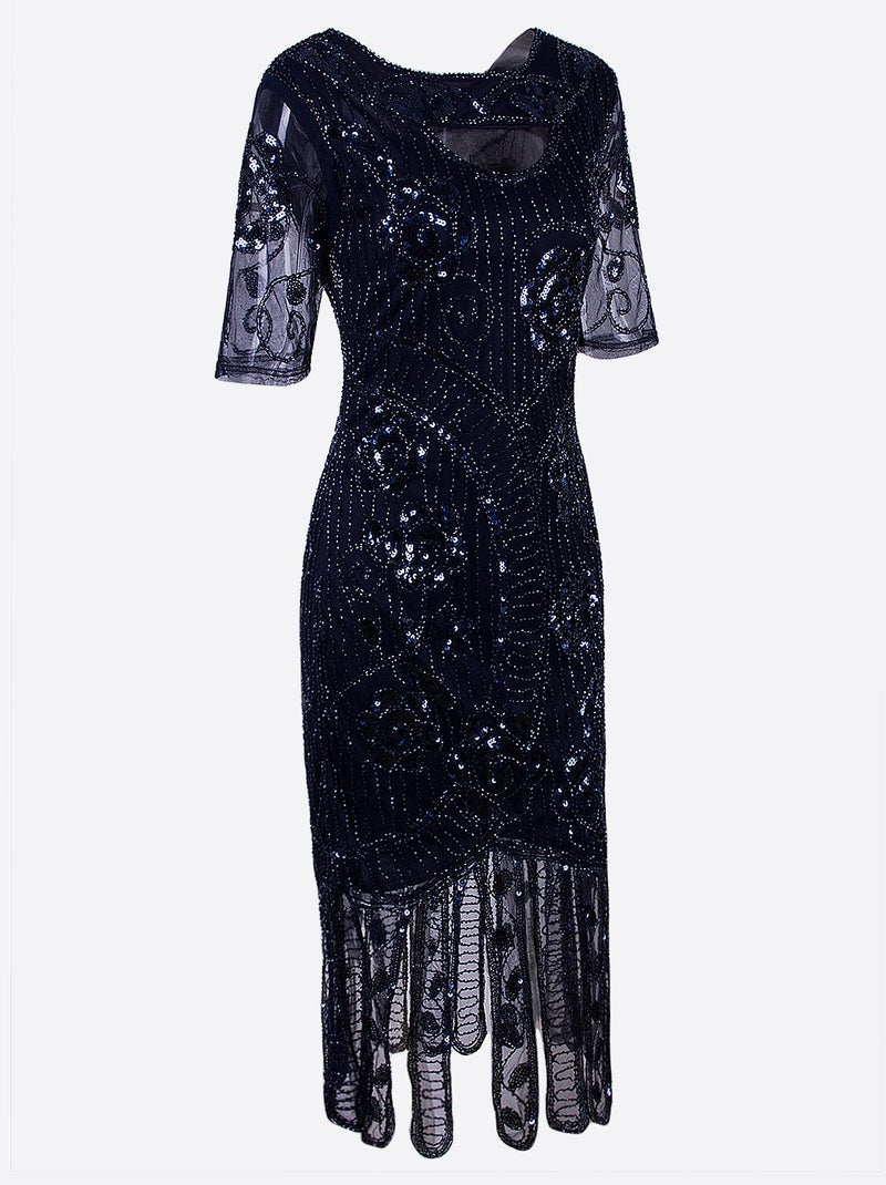 Vijiv Women's Vintage 1920s Style Sequined Beaded Roaring 20s Long Gatsby Flapper Dress with Sleeves for Themed Party, Blue Small - Image 2